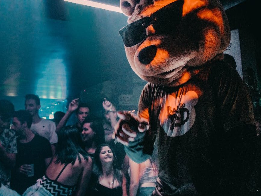 person wearing bear mask dancing on stage
