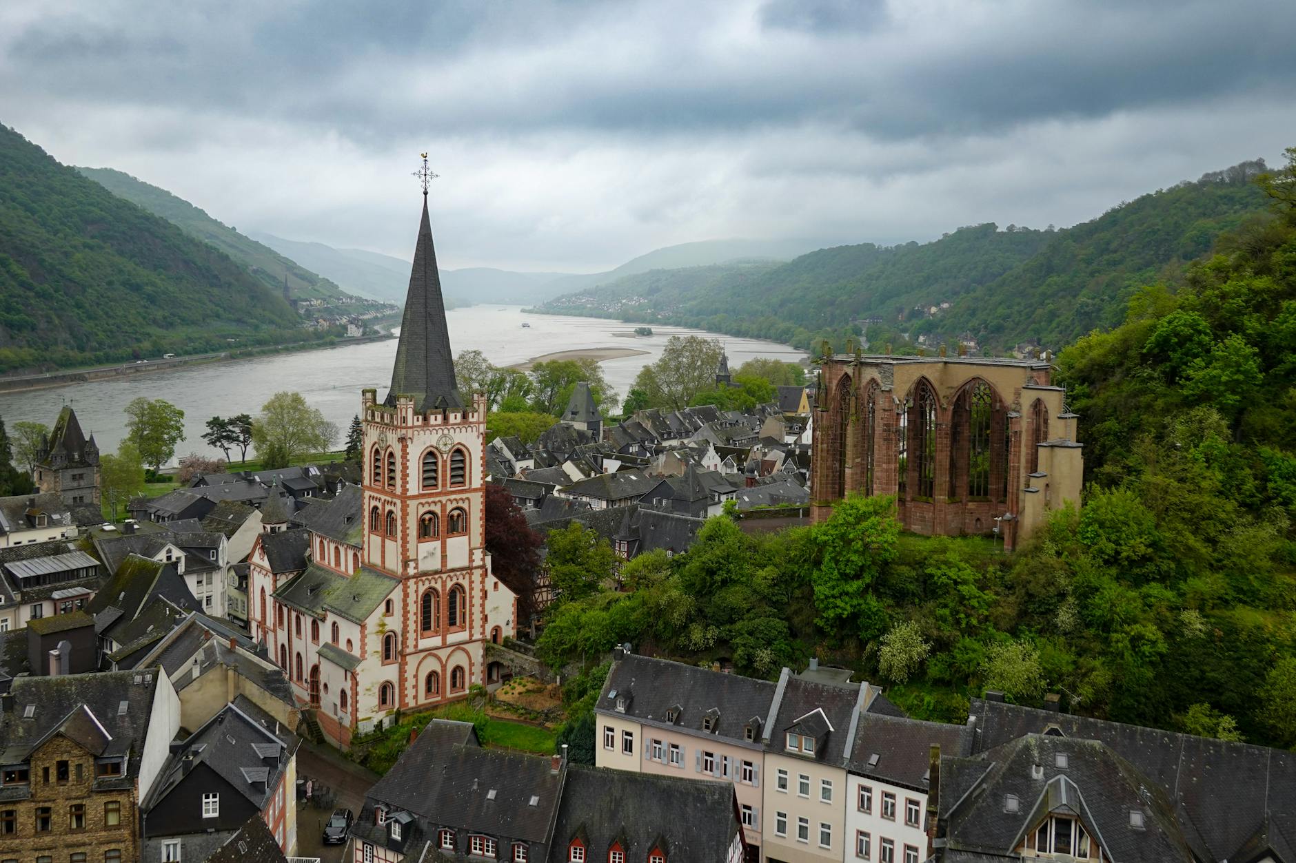 scenic aerial view of bacharach along the rhine